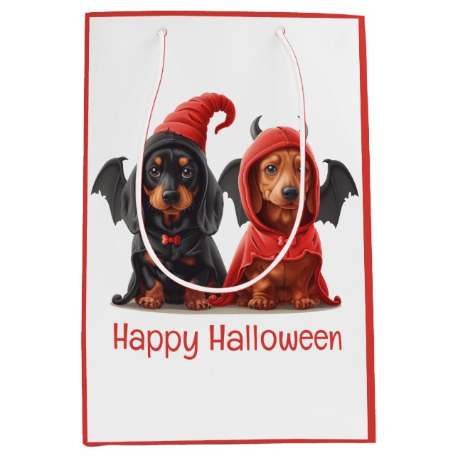 Bolsa De Regalo Mediana Feliz Halloween Dachshund Perros Devil Bat (Anverso)