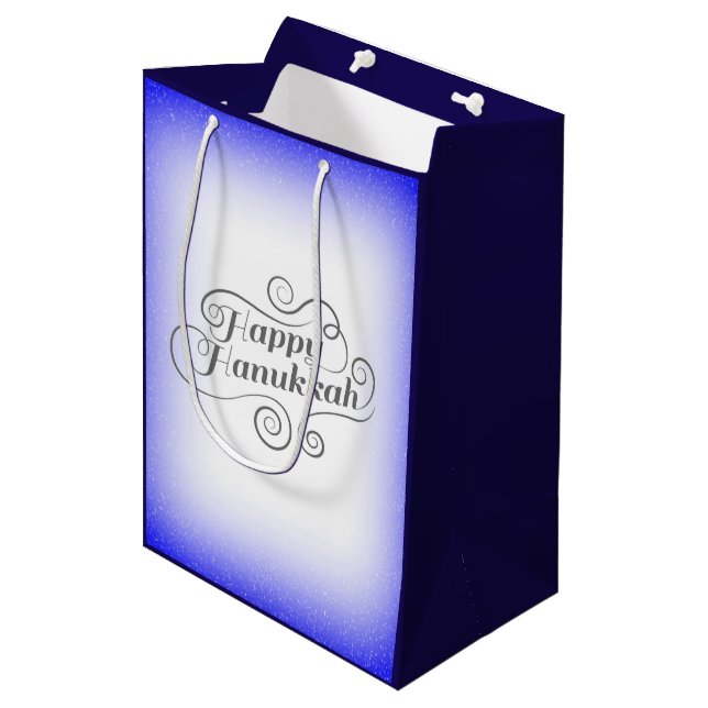 Bolsa De Regalo Mediana Feliz Hanukkah de 2 tonos de fondo blanco azul (Angulo Anverso)