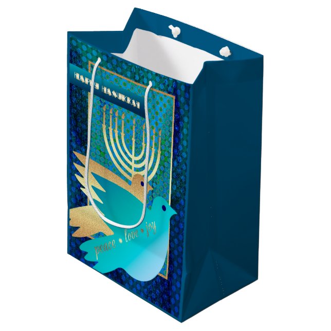 Bolsa De Regalo Mediana Feliz Hanukkah. Menorah y palomas de la paz (Angulo Anverso)