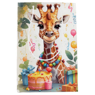 Bolsa De Regalo Mediana Feliz jirafa con regalos y pasteles