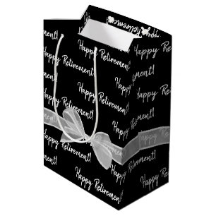 Bolsa De Regalo Mediana Feliz Jubilación, Barrido Blanco Sobre Negro