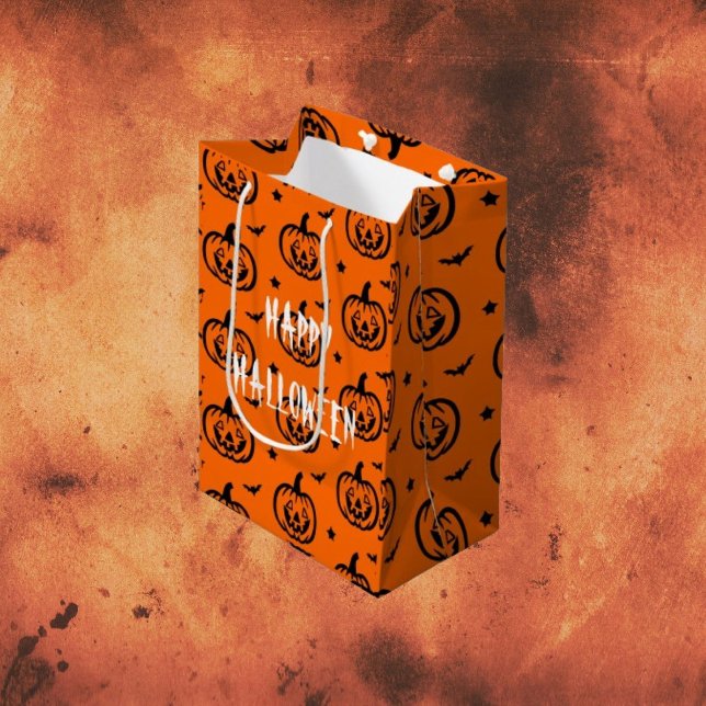 Bolsa De Regalo Mediana Feliz Naranja de Halloween/Calabazas Negras (Subido por el creador)