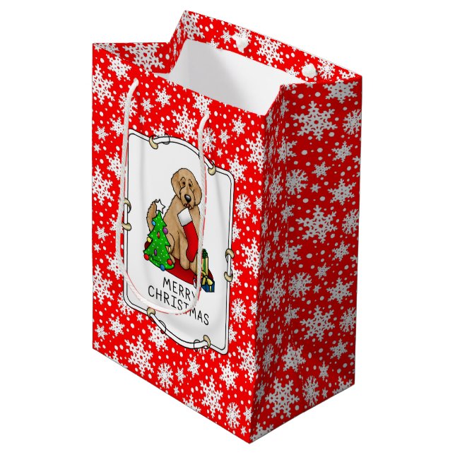 Bolsa De Regalo Mediana Feliz Navidad 2 Goldendoodle (rojo dorado) Cute (Angulo Anverso)
