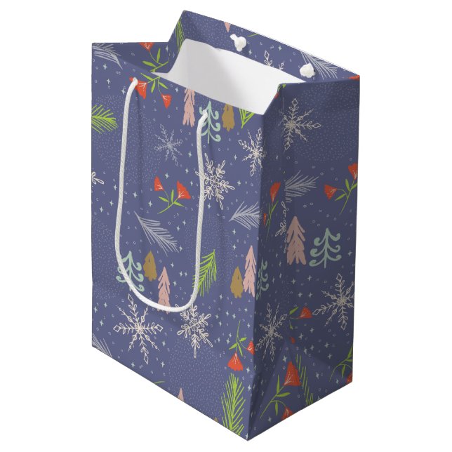 Bolsa De Regalo Mediana Feliz Navidad Árboles dibujados a mano Flores de n (Angulo Anverso)