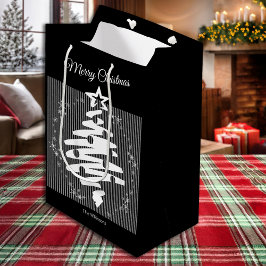 Bolsa De Regalo Mediana Feliz Navidad Black White Stripe Festividad modern