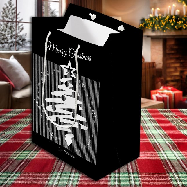 Bolsa De Regalo Mediana Feliz Navidad Black White Stripe Festividad modern (Merry Christmas Black White Stripe Modern Holiday Medium Gift Bag)