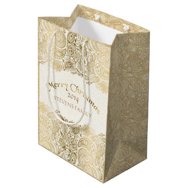 Bolsa De Regalo Mediana Feliz Navidad-Blanco y Dorado Floral Paisley Lace (Angulo reverso)