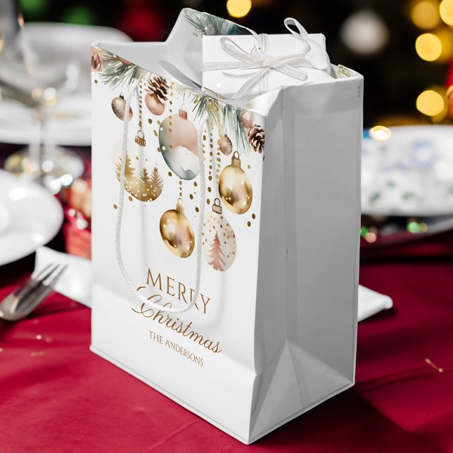 Bolsa De Regalo Mediana Feliz Navidad boho baubles metálicos acuarela (Merry Christmas boho metallic silver gold baubles pines watercolor personalized Gift Bag )