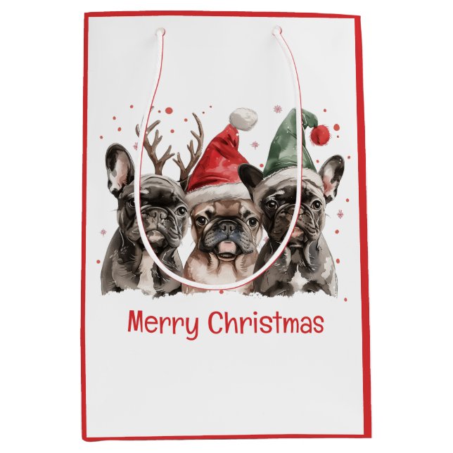Bolsa De Regalo Mediana Feliz Navidad Bulldog francés Perros renos (Anverso)