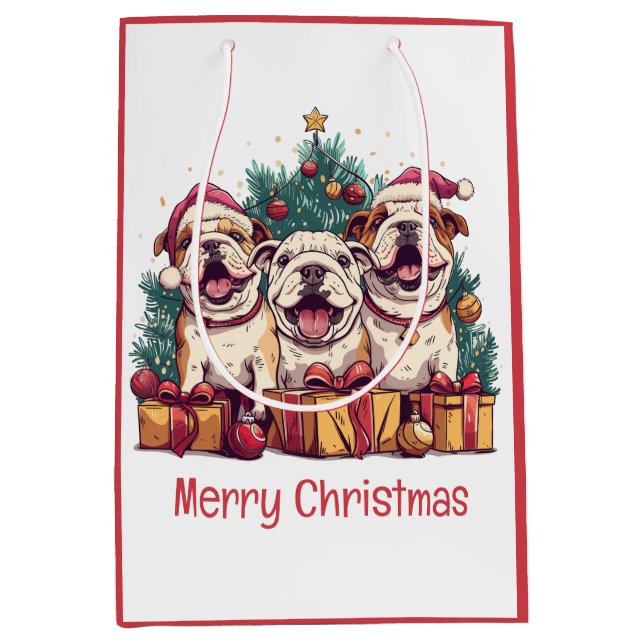 Bolsa De Regalo Mediana Feliz Navidad Bulldog inglés Santa Hats (Anverso)