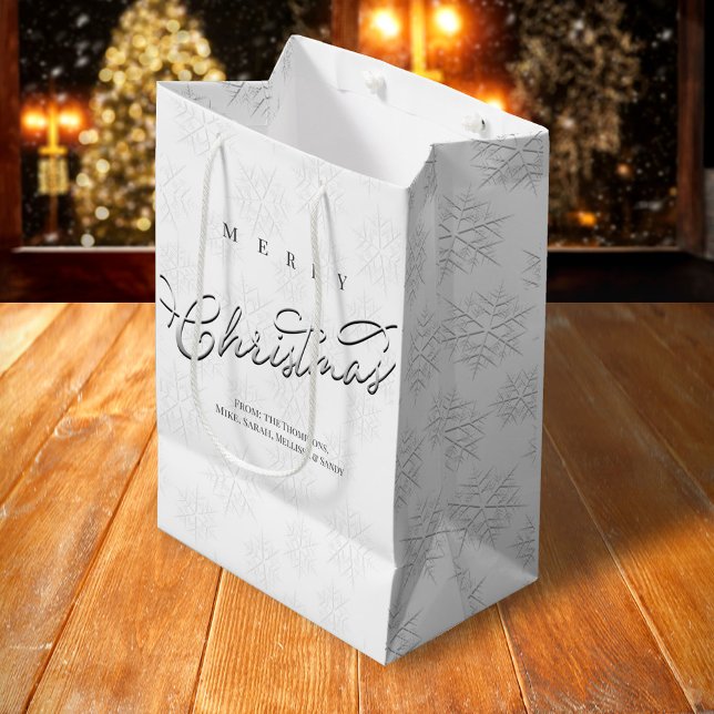 Bolsa De Regalo Mediana Feliz Navidad Caligrafía Plata Snowflake (Merry Christmas silver snowflake gift bag.)