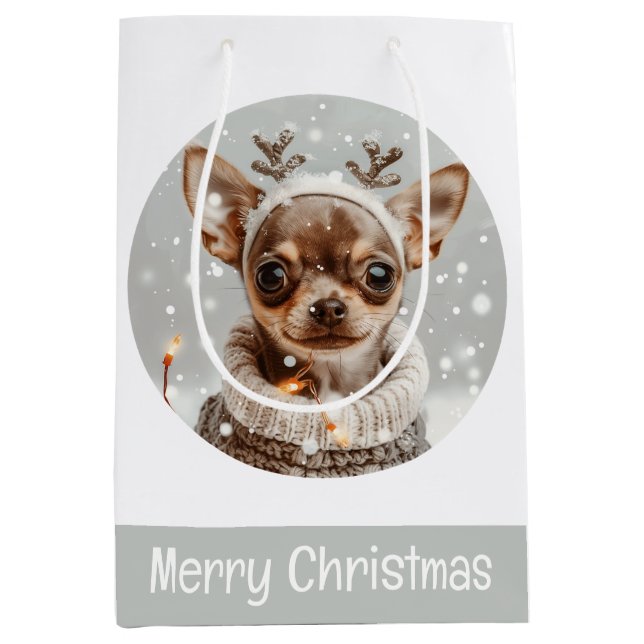 Bolsa De Regalo Mediana Feliz Navidad Chihuahua Perro Reno (Anverso)