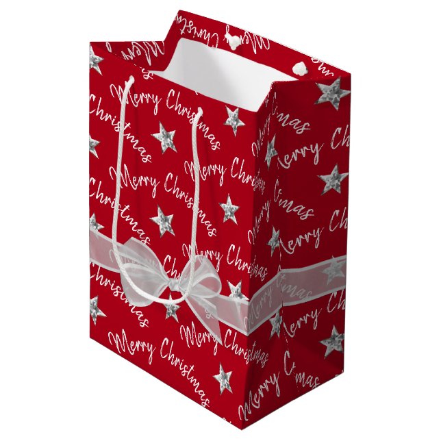 Bolsa De Regalo Mediana Feliz Navidad con Estrellas de Diamantes (Angulo Anverso)