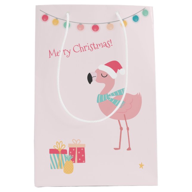 Bolsa De Regalo Mediana ¡Feliz Navidad! Cute Tropical Santa Flamingo (Anverso)