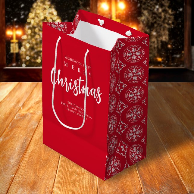 Bolsa De Regalo Mediana Feliz Navidad Cute Whimsical Red Snowflake (Merry Christmas holiday snowflake pattern gift bag.)