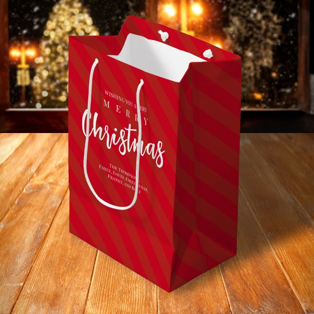 Bolsa De Regalo Mediana Feliz Navidad Cute Whimsical Red Strike Diversión (Merry Christmas holiday white calligraphy script striped gift bag.)