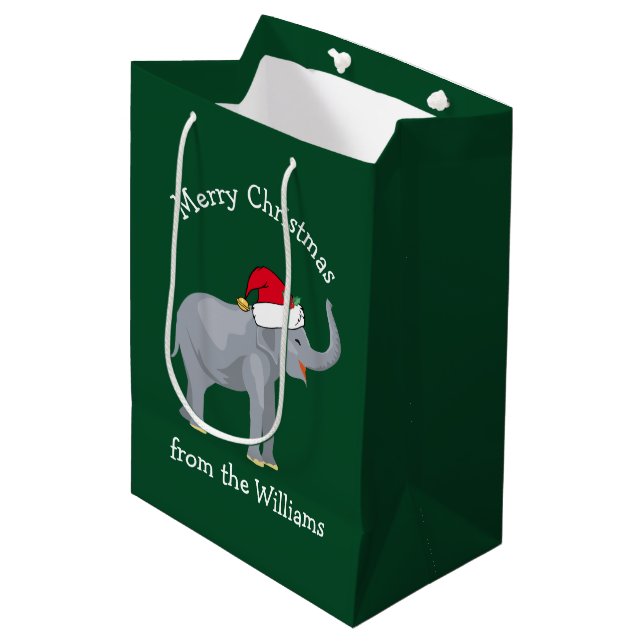 Bolsa De Regalo Mediana Feliz Navidad elefante lindo verde personalizado (Angulo Anverso)