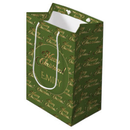 Bolsa De Regalo Mediana Feliz Navidad Elegante Olive Green Gold Script