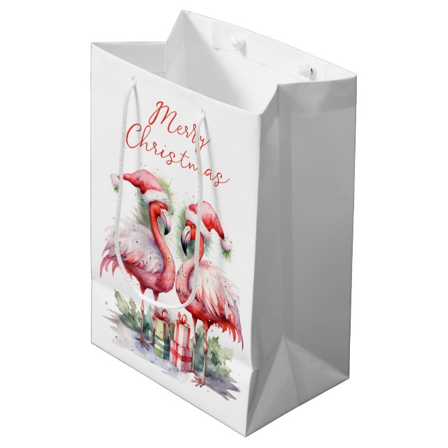 Bolsa De Regalo Mediana Feliz Navidad Flamingos rosas (Angulo Anverso)
