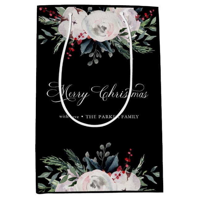 Bolsa De Regalo Mediana Feliz Navidad | Flores acuáticas en negro (Anverso)