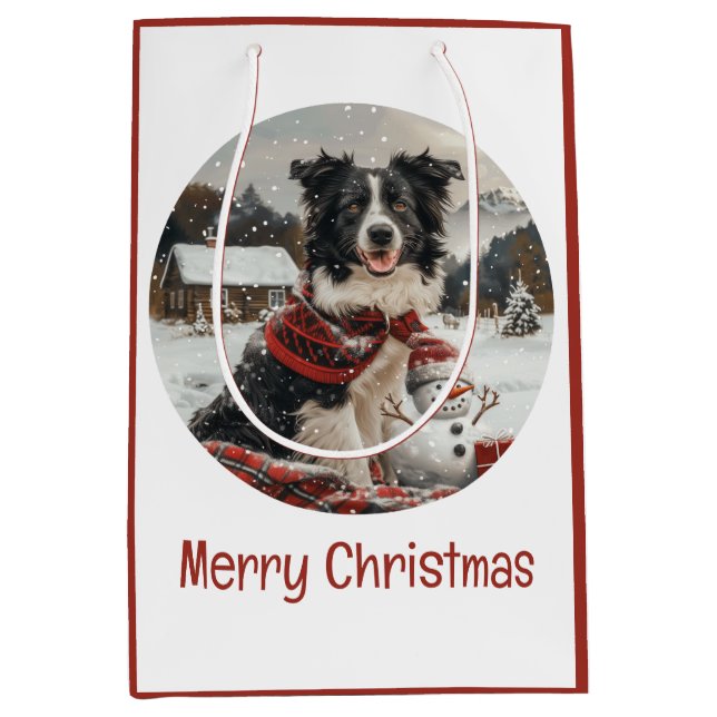 Bolsa De Regalo Mediana Feliz Navidad Frontera Collie Dog Snowman (Anverso)