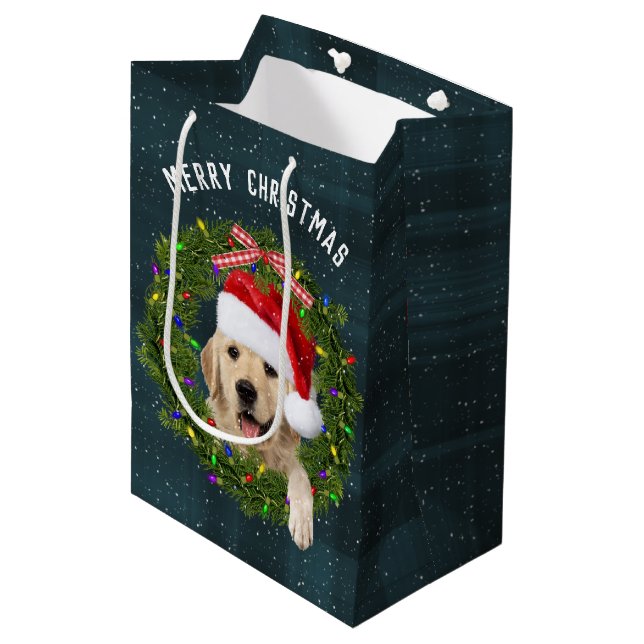 Bolsa De Regalo Mediana Feliz Navidad Golden Retriever (Angulo Anverso)