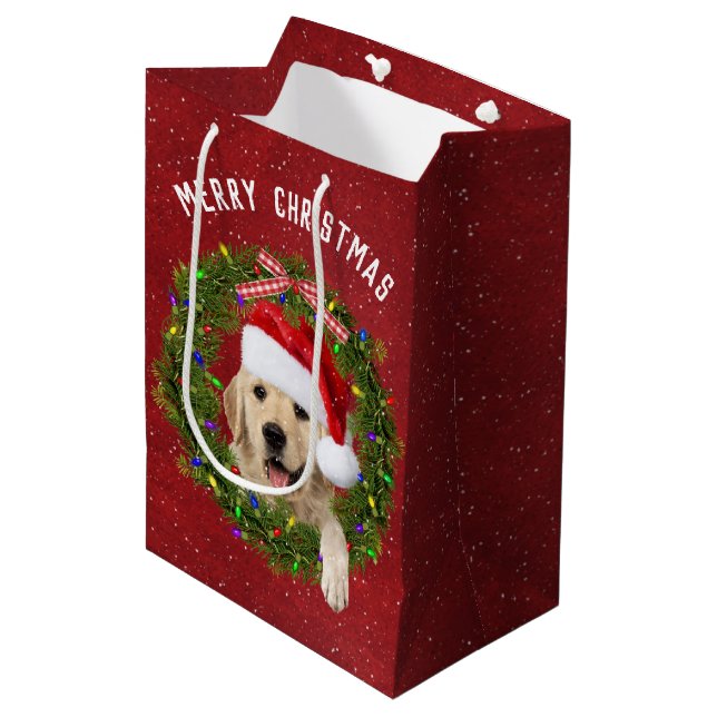 Bolsa De Regalo Mediana Feliz Navidad Golden Retriever en wreath (Angulo Anverso)