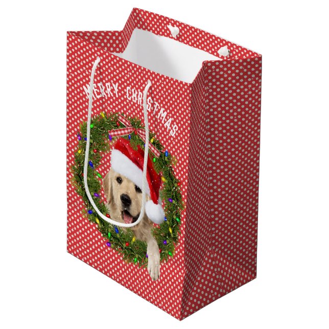 Bolsa De Regalo Mediana Feliz Navidad, Golden Retriever sobre puntos de po (Angulo Anverso)