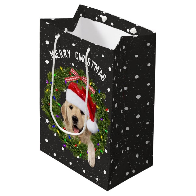 Bolsa De Regalo Mediana Feliz Navidad, Golden Retriever sobre puntos de po (Angulo Anverso)