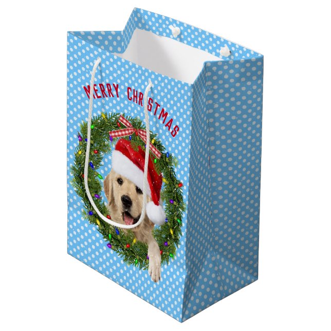Bolsa De Regalo Mediana Feliz Navidad, Golden Retriever sobre puntos de po (Angulo Anverso)