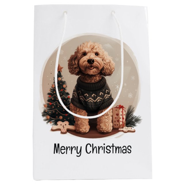 Bolsa De Regalo Mediana Feliz Navidad Goldendoodle Perros Cachorros (Anverso)