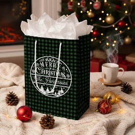 Bolsa De Regalo Mediana Feliz Navidad Green & Black Plaid Custom Name