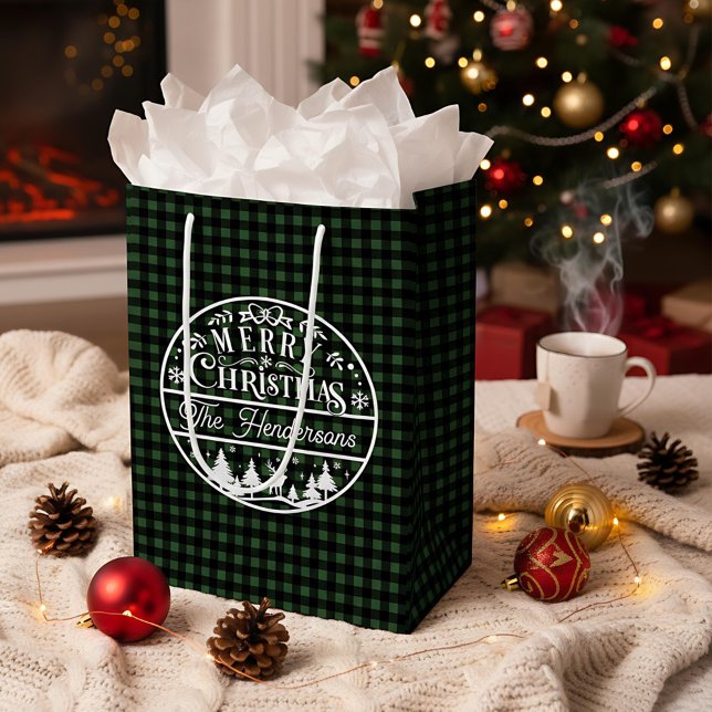 Bolsa De Regalo Mediana Feliz Navidad Green & Black Plaid Custom Name (Subido por el creador)