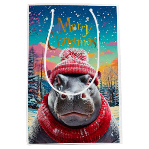 Bolsa De Regalo Mediana Feliz Navidad Hippo Santa sombrero y bufanda