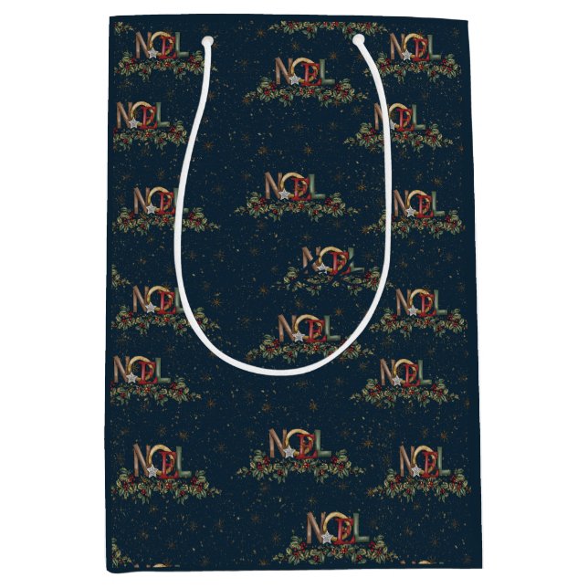 Bolsa De Regalo Mediana Feliz Navidad Holly Noel Snowflake Gold Azul Rojo (Anverso)