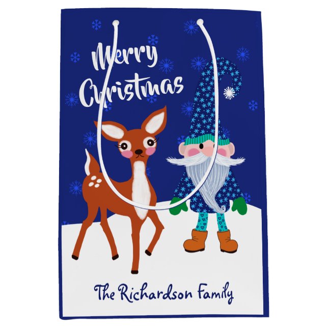 Bolsa De Regalo Mediana Feliz Navidad Medianoche Blue Gnome Deer (Anverso)