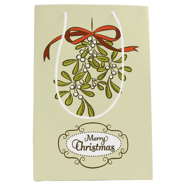 Bolsa De Regalo Mediana Feliz Navidad Mistletoe Calligraphy Green (Anverso)