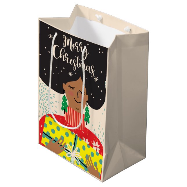 Bolsa De Regalo Mediana Feliz Navidad, mujer negra, brillante regalo de su (Angulo Anverso)
