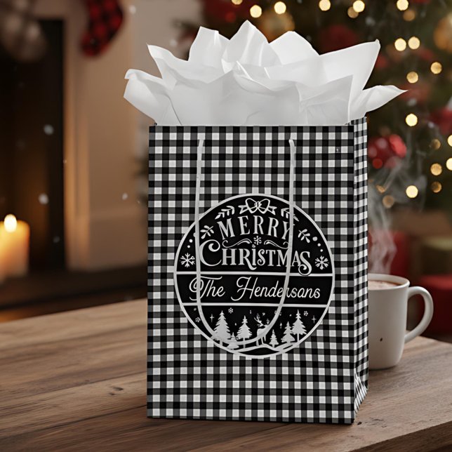 Bolsa De Regalo Mediana Feliz navidad nombre personalizado negro y blanco (Subido por el creador)