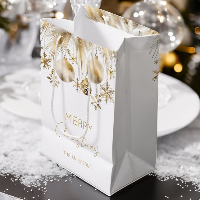 Bolsa De Regalo Mediana Feliz Navidad oro blanco boho bauho (Merry Christmas white gold boho metallic baubles  snowflakes pampas grass personalized Gift Bag)