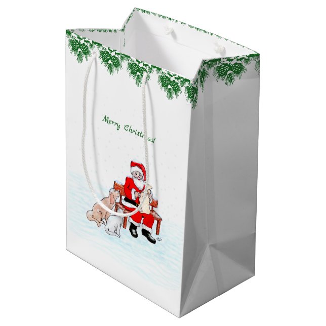 Bolsa De Regalo Mediana Feliz Navidad! Papá Noel con gato y perro (Angulo reverso)