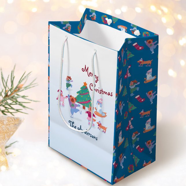 Bolsa De Regalo Mediana Feliz Navidad Perro Hielo nombre patinaje azul (Subido por el creador)