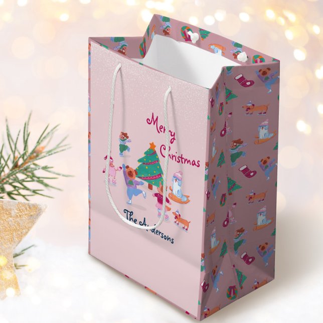 Bolsa De Regalo Mediana Feliz Navidad Perro Hielo Patinaje Rubor Rosa (Subido por el creador)