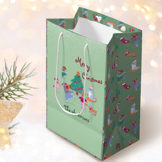 Bolsa De Regalo Mediana Feliz Navidad Perro Patinaje Hielo Pistachio Verde (Subido por el creador)