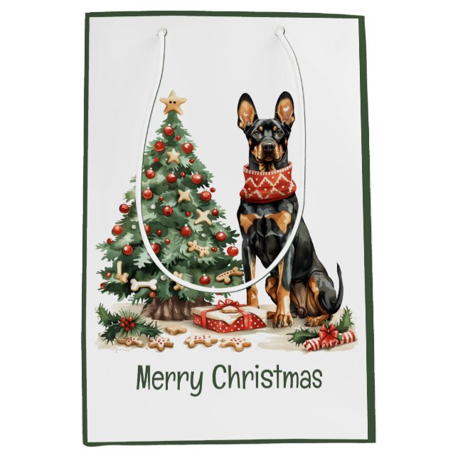 Bolsa De Regalo Mediana Feliz Navidad Perros Dobermann (Anverso)