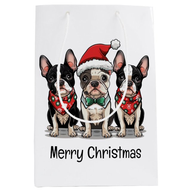Bolsa De Regalo Mediana Feliz Navidad Perros Terrier de Boston (Anverso)