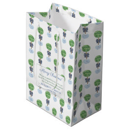 Bolsa De Regalo Mediana Feliz Navidad Preppy Boxwood Topiary Blue Green