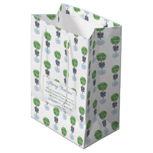 Bolsa De Regalo Mediana Feliz Navidad Preppy Boxwood Topiary Blue Green