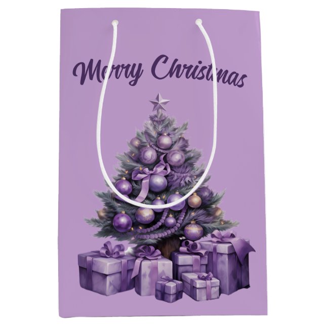 Bolsa De Regalo Mediana Feliz Navidad púrpura árbol de Navidad (Anverso)
