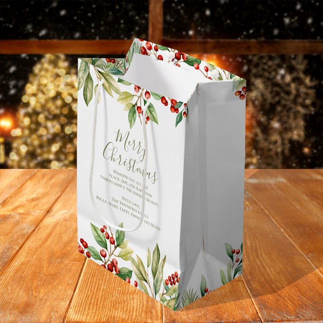 Bolsa De Regalo Mediana Feliz Navidad Red Holly Greenery Personalizado (Merry Christmas holiday custom gift bag Medium)